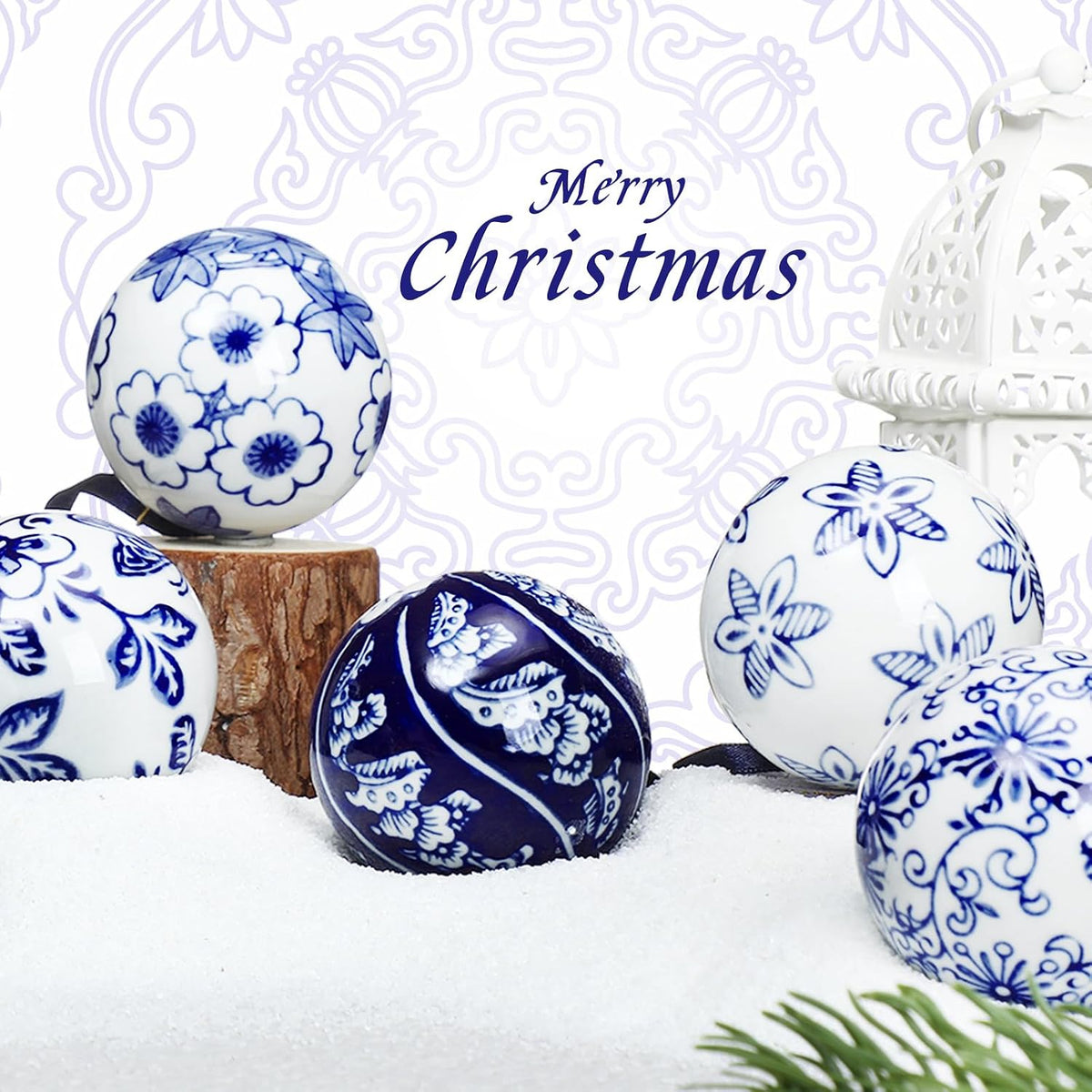 Cindeer - 6 bolas de porcelana de Navidad azules y blancas, estilo...
