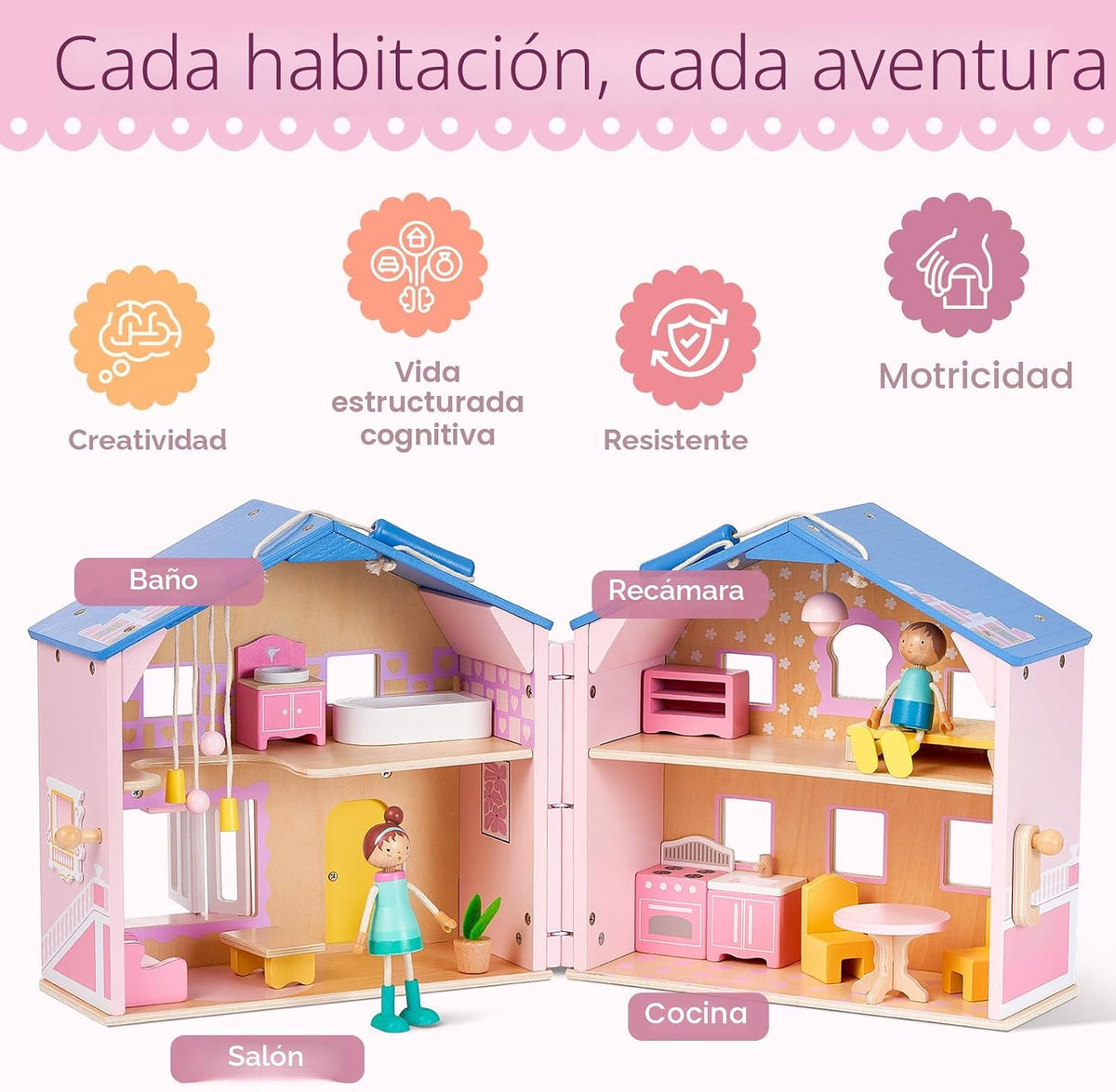 Exquisita casa de muñecas de madera rosa para niñas con muñecas y m...
