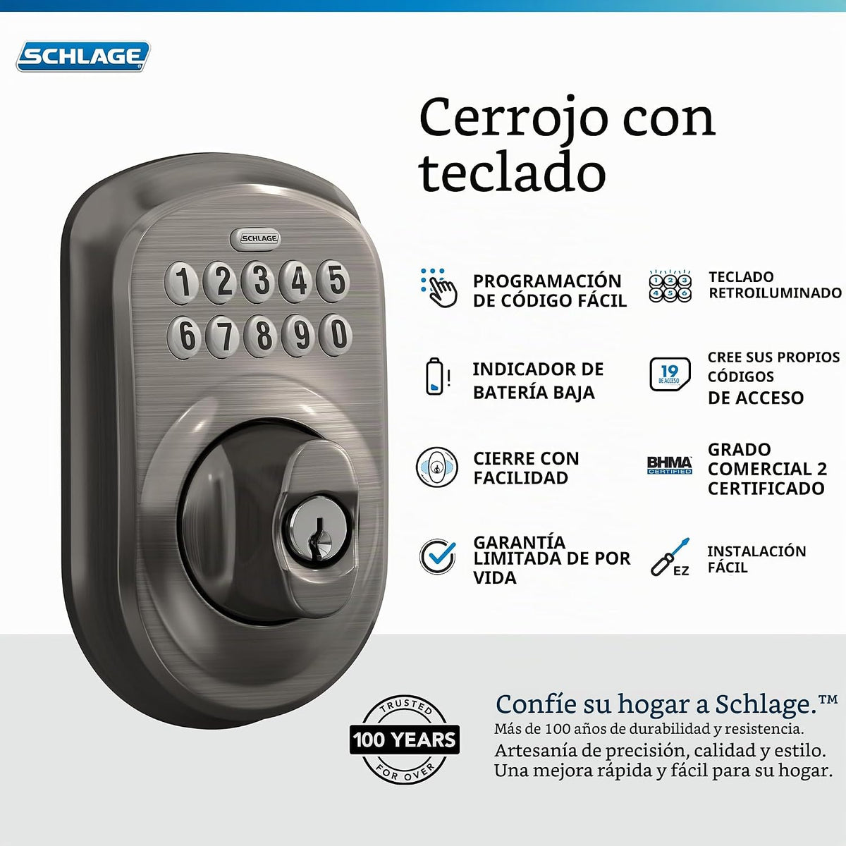 Schlage Cerradura electrónica del cerrojo del teclado, borde Plymou...