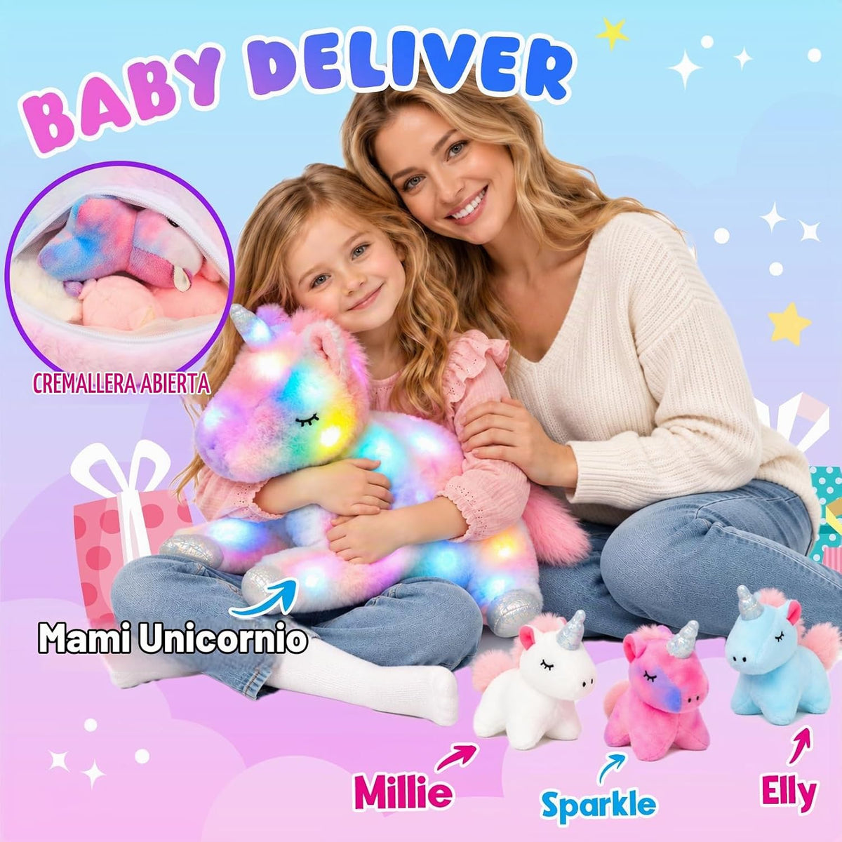 Hopearl Unicornio de peluche LED con iluminación, mamá unicornio co...