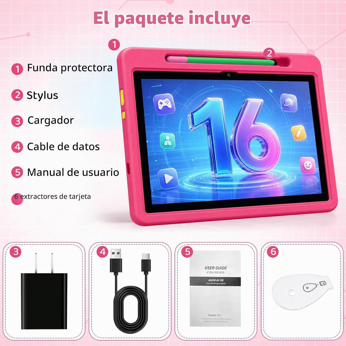 Android 16 Kids Tablet HD de 10 pulgadas con lápiz capacitivo y fun...