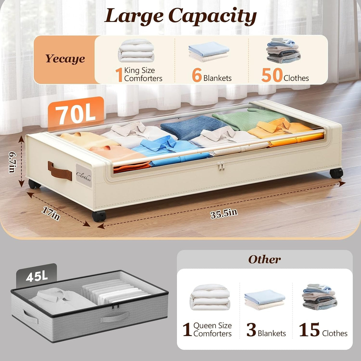 Yecaye Almacenamiento debajo de la cama con ruedas, paquete de 2, c...
