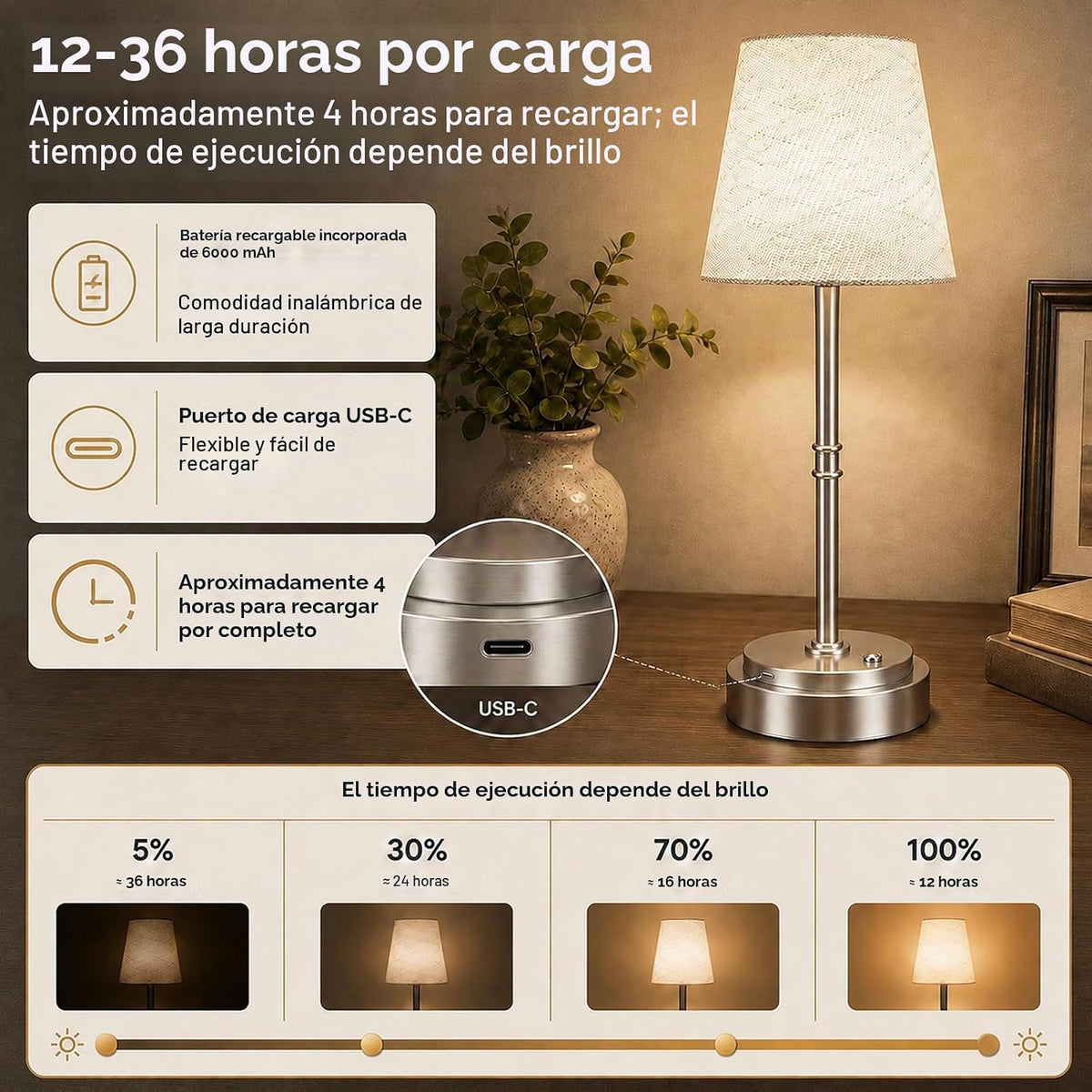 Lámpara de mesa inalámbrica recargable, lámpara de noche con pilas,...