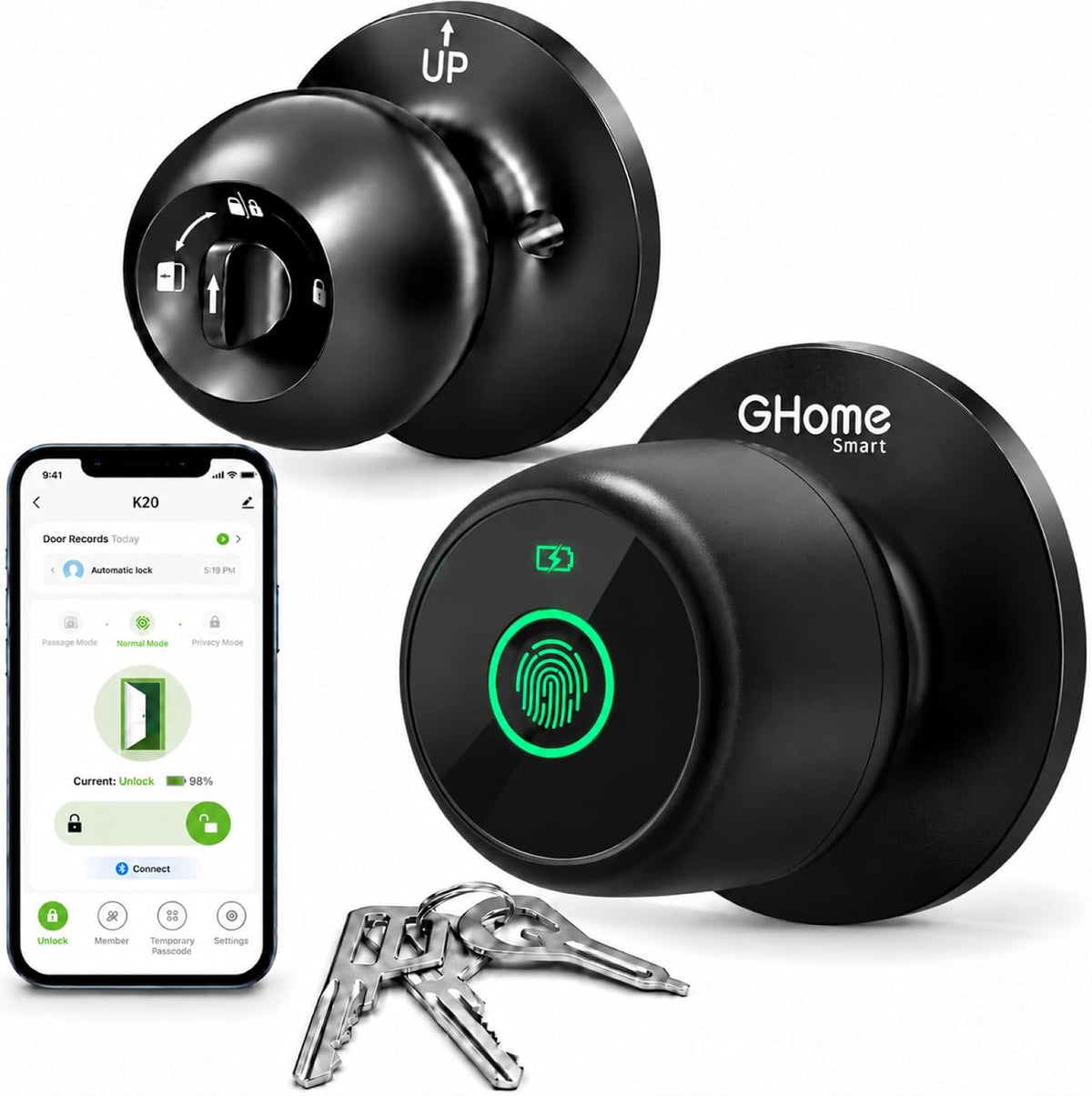 GHome Smart Cerradura de perilla de puerta con control de huellas |...