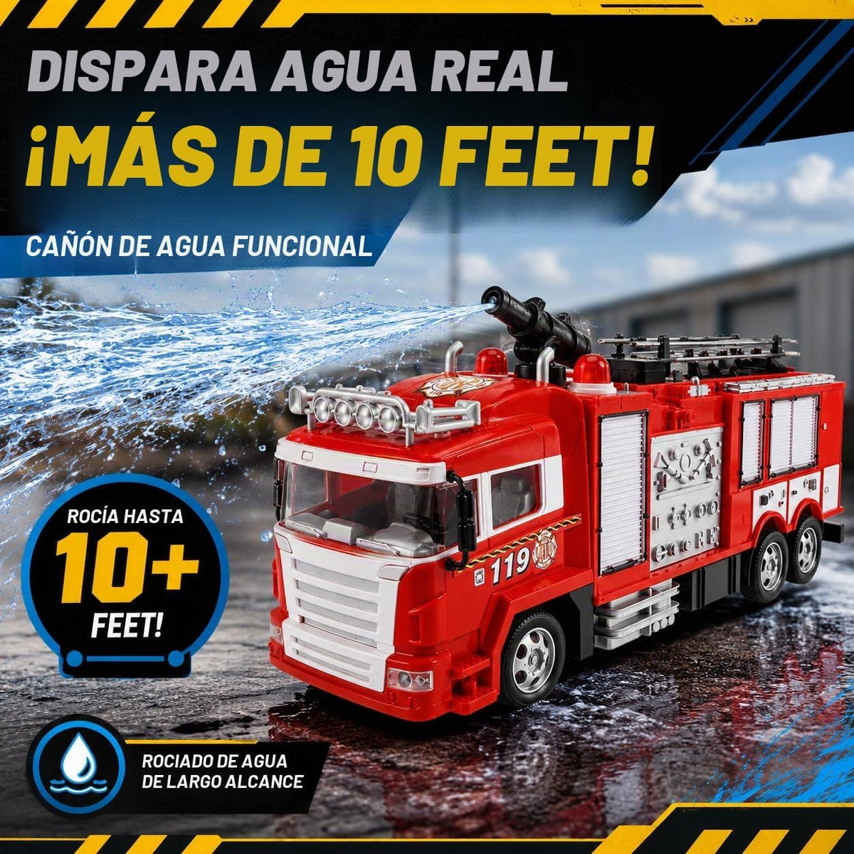 Camión de bomberos a control remoto de rescate RC que dispara agua...