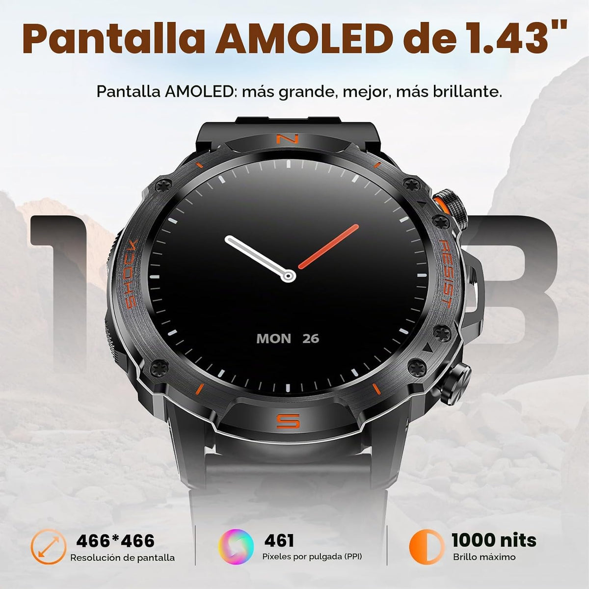 Reloj inteligente para exteriores para hombres, 1,43" AMOLED, resis...
