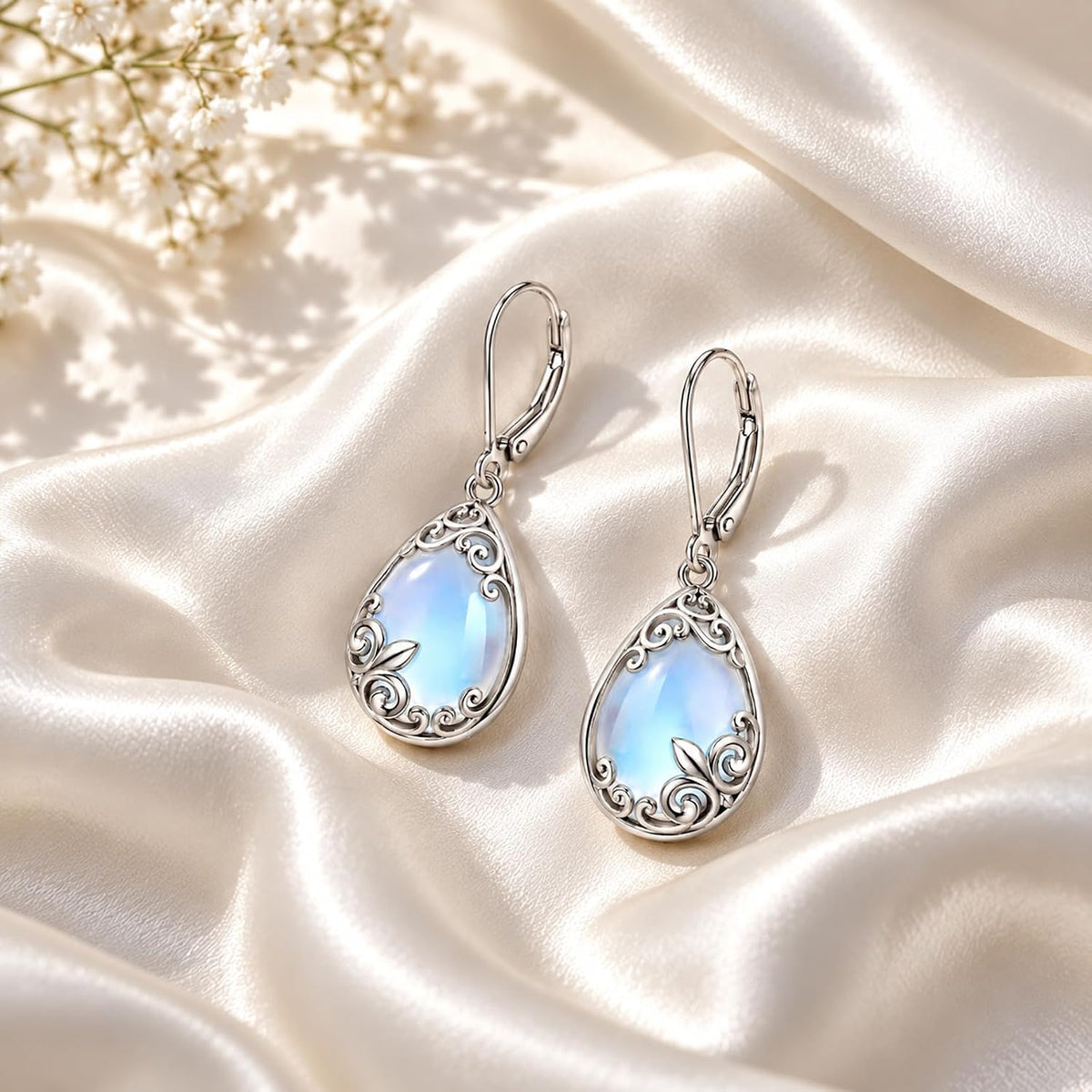 Aretes colgantes de filigrana de piedra lunar de plata de ley con l...