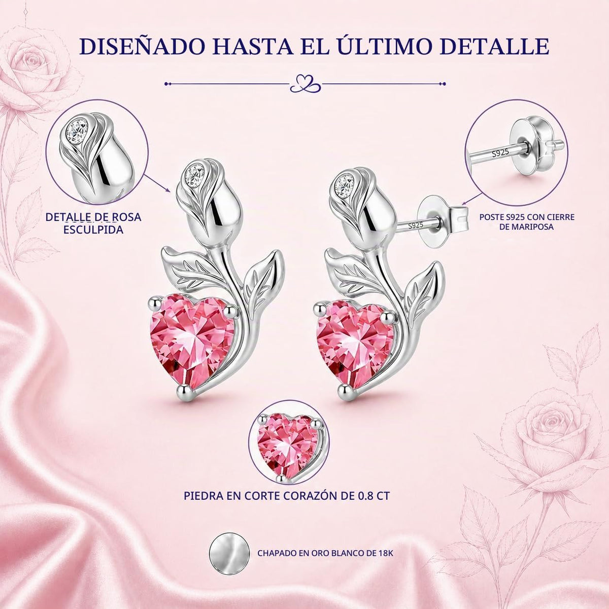 JACUPO Aretes de tuerca con piedra natal de corazón rosa de 0.8 qui...