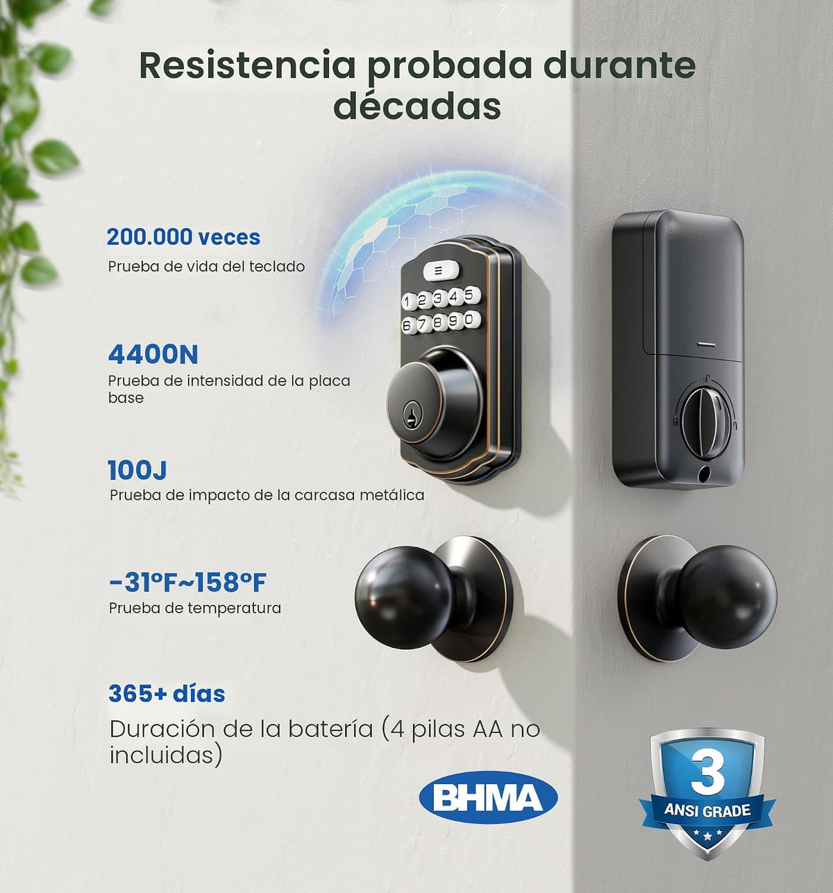 Veise Cerradura de puerta de cerrojo de entrada sin llave KS01C con...