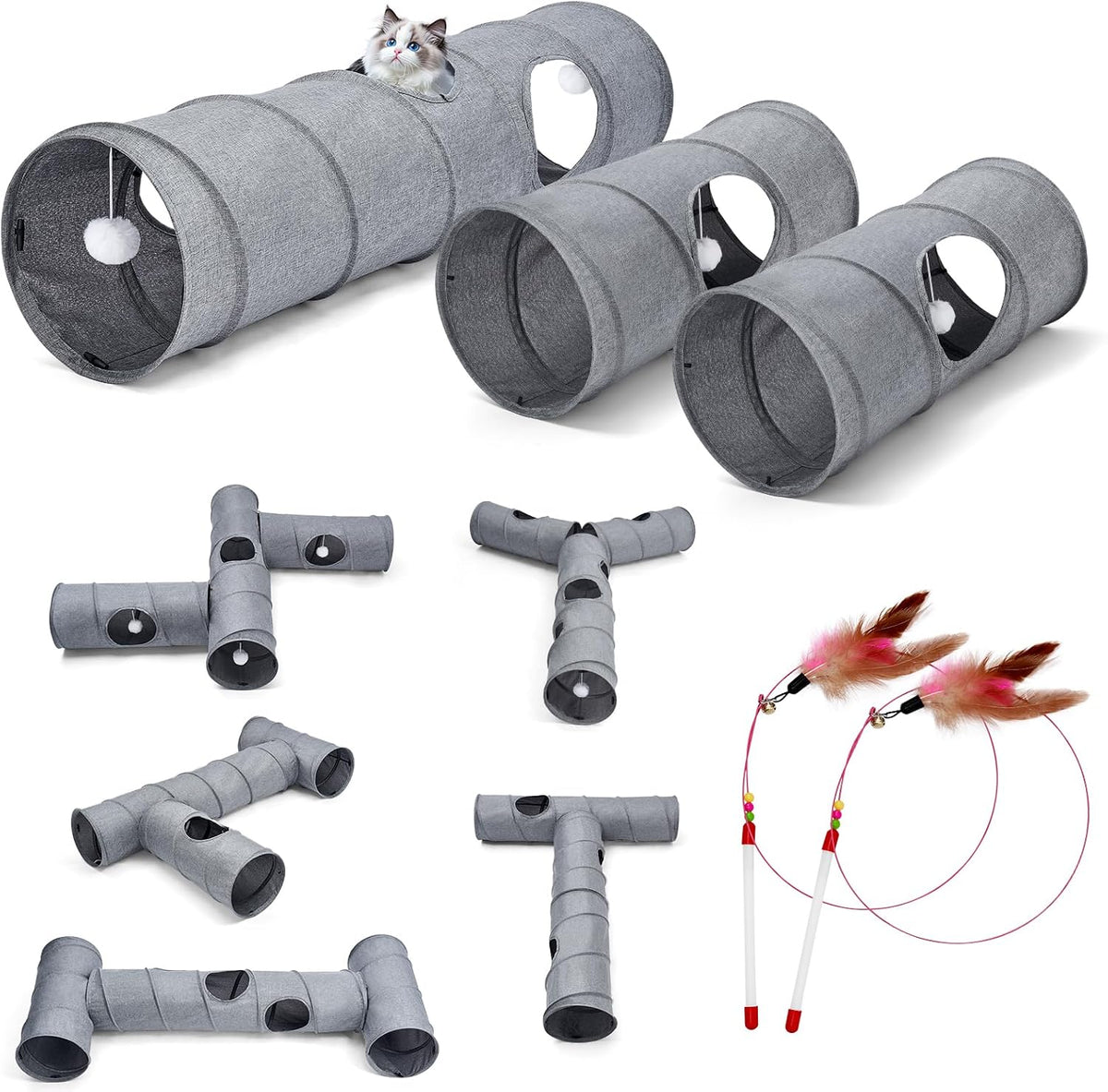 Túnel para gatos, 3 túneles de forma recta, 6 formas de bricolaje c...