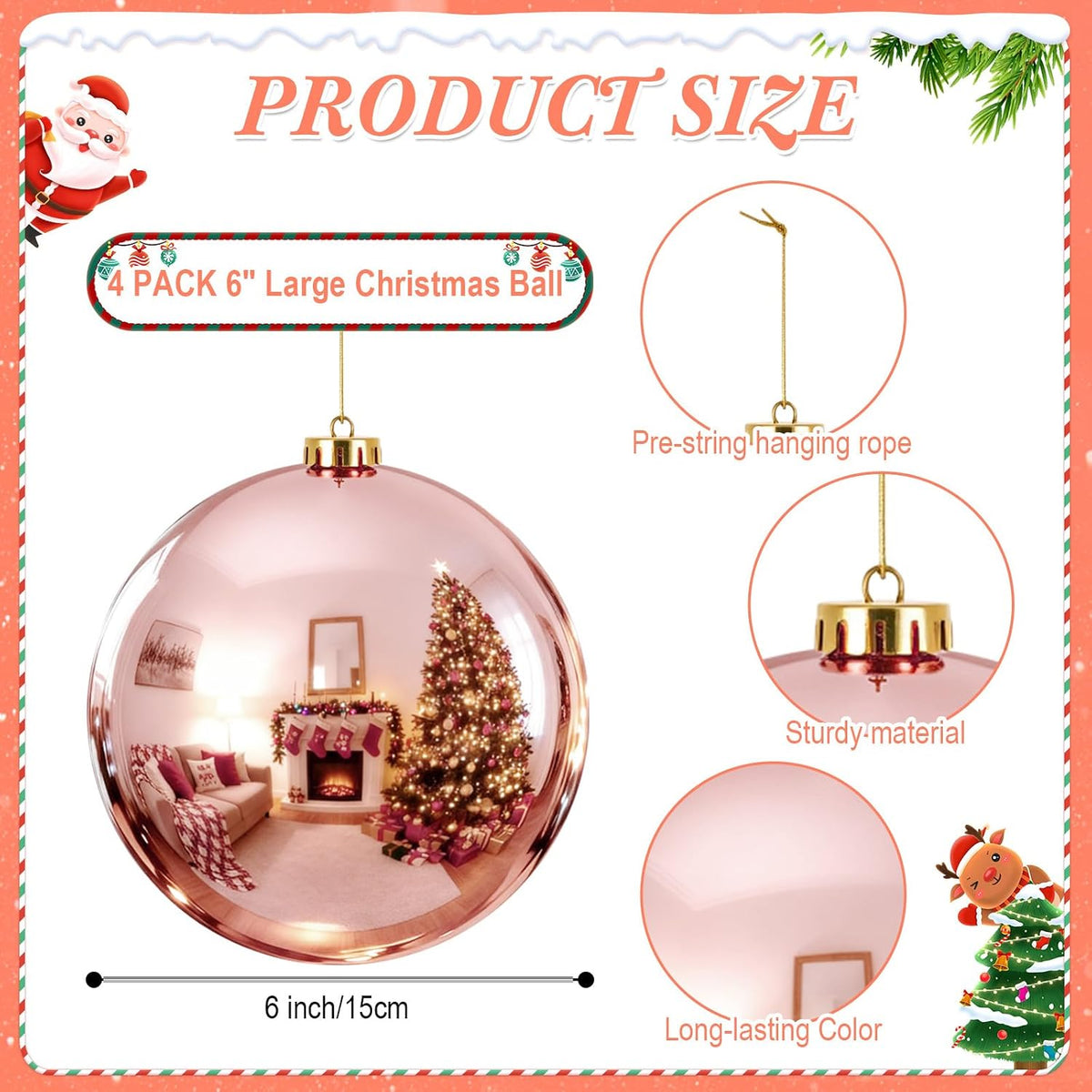Zubebe - 4 bolas grandes de adornos de Navidad de oro rosa de 6 pul...