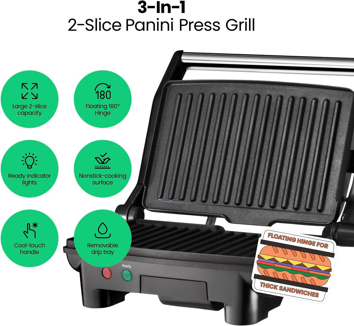 Chefman Panini RJ02-180 parrilla de presa y sandwichera gourmet con...