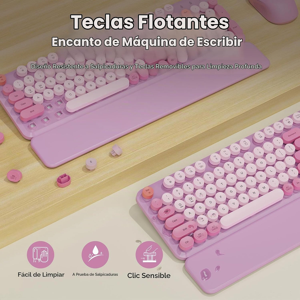 Teclado y mouse inalámbricos, teclas redondas, reposamuñecas magnét...
