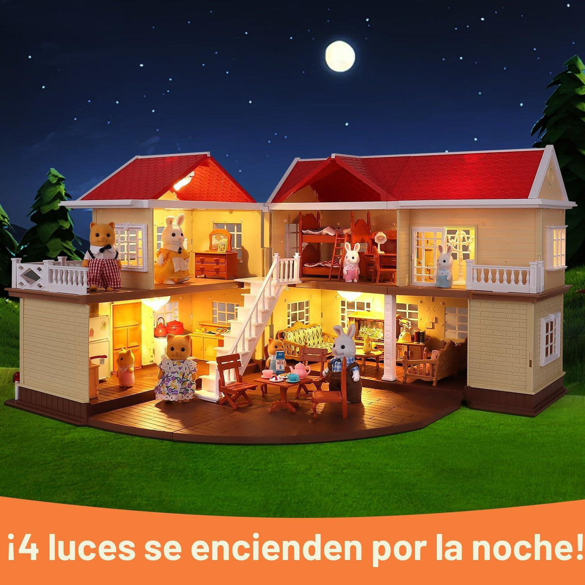 Set de casa de cabaña familiar acogedora, casa de muñecas con muebl...