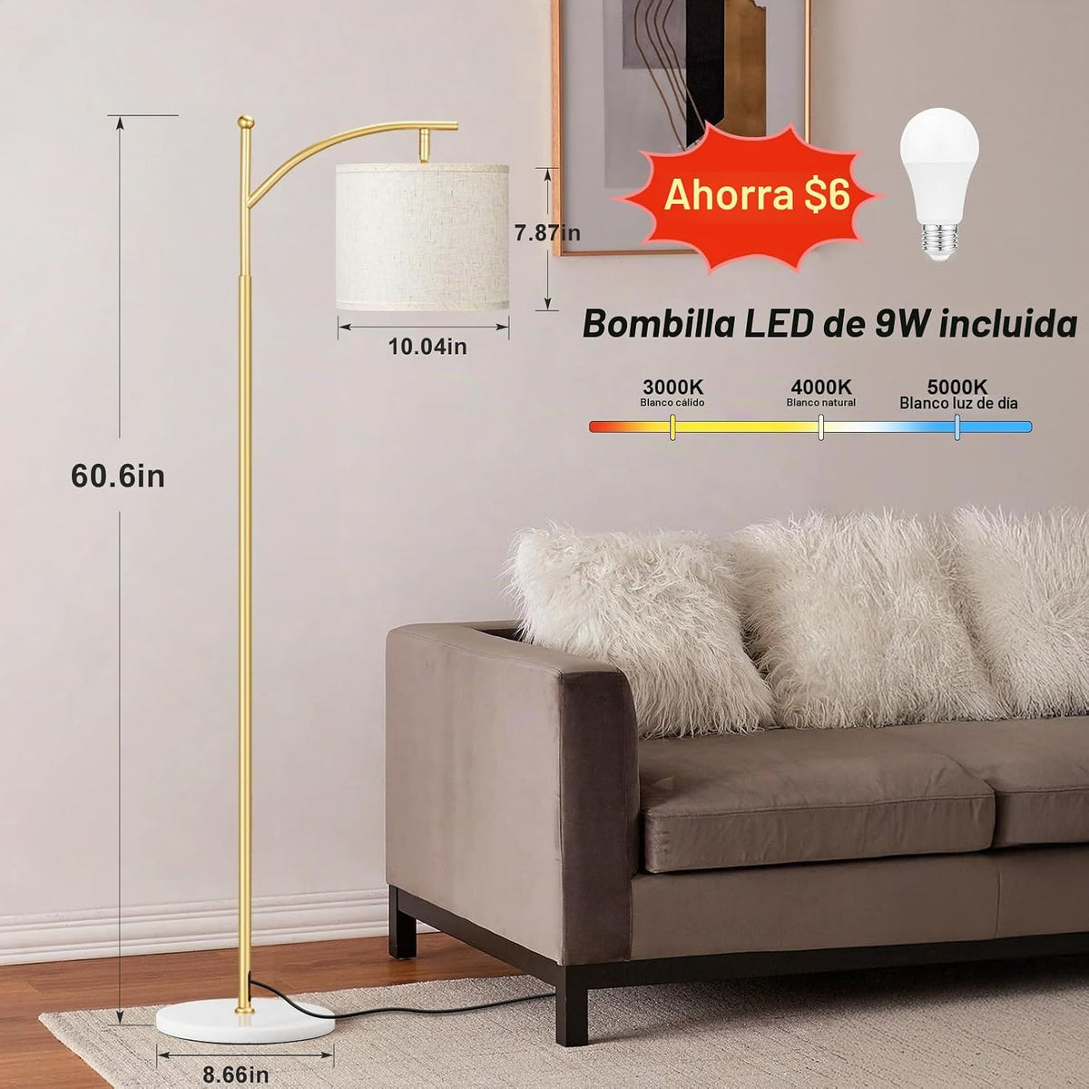 Ambimall Lámpara de pie de 60 pulgadas para sala de estar con 3 tem...