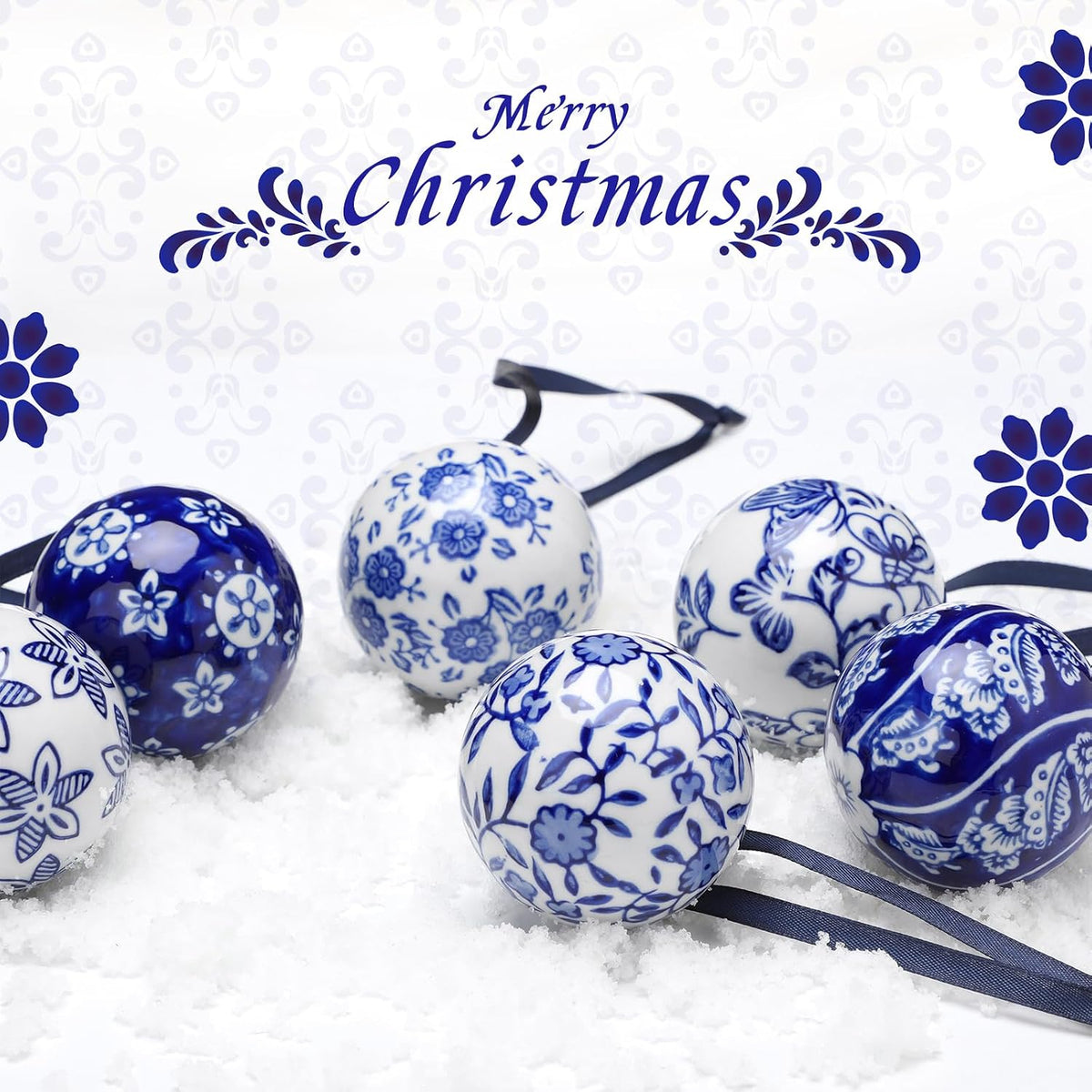 Cindeer - 6 bolas de porcelana de Navidad azules y blancas, estilo...