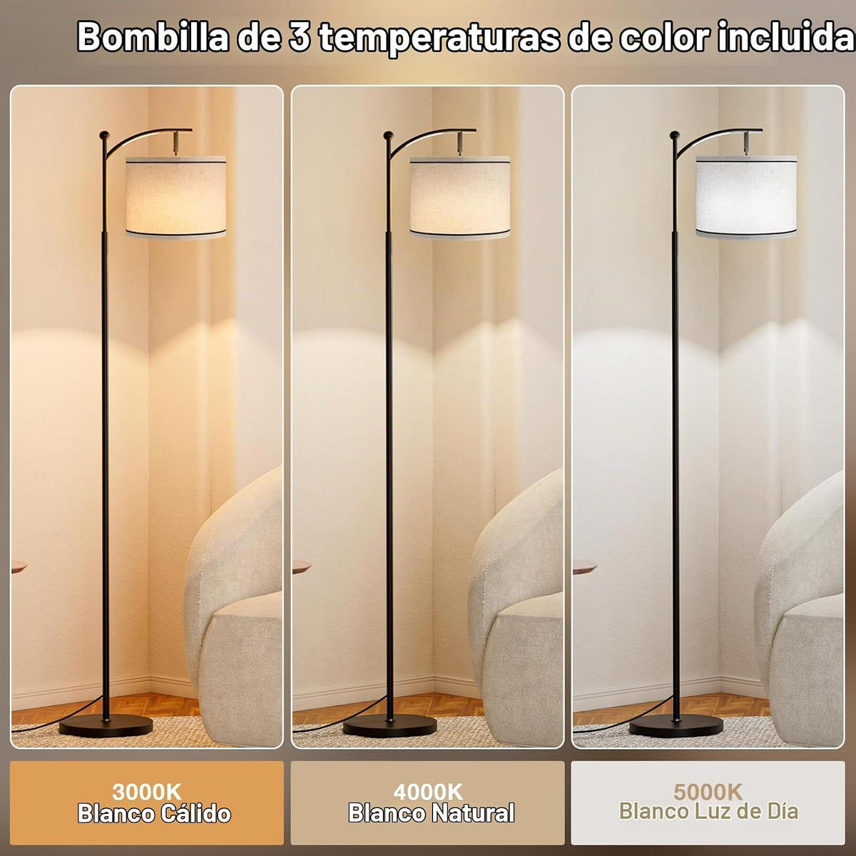 Ambimall Lámpara de pie de 60 pulgadas para sala de estar con 3 tem...