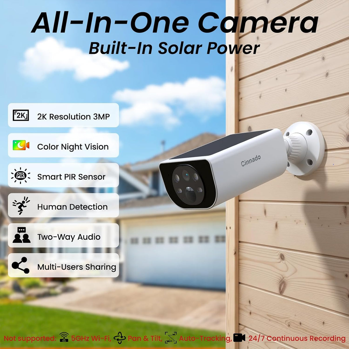 Cinnado Cámaras de seguridad Panel solar integrado inalámbrico para...