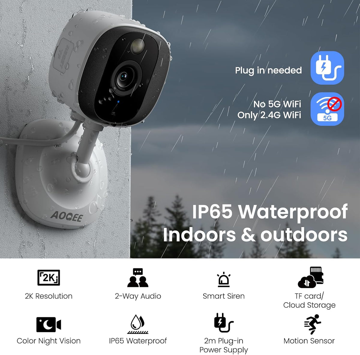 Cámara interior/exterior AOQEE 2K, resistente al agua IP65 y luz bl...