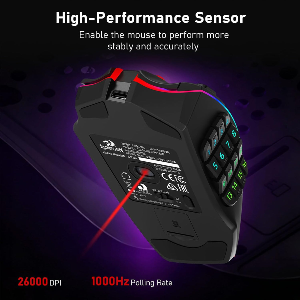 Redragon M990 PRO Wireless MMO RGB Gaming Mouse 26000 DPI Teclas de...
