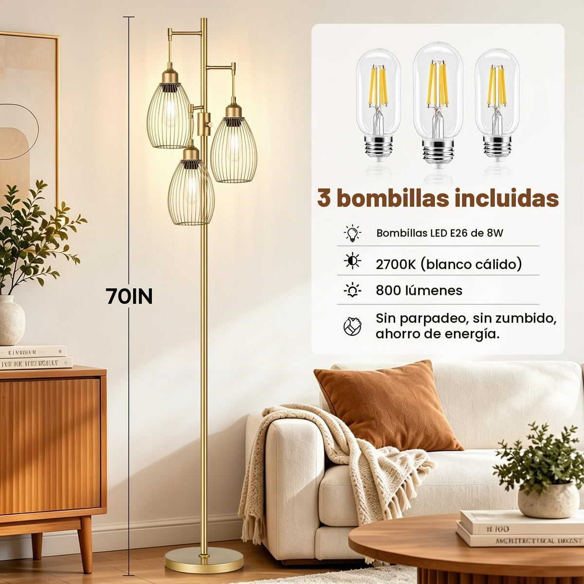Lámpara de pie regulable, 3 bombillas LED Edison de 800LM incluidas...