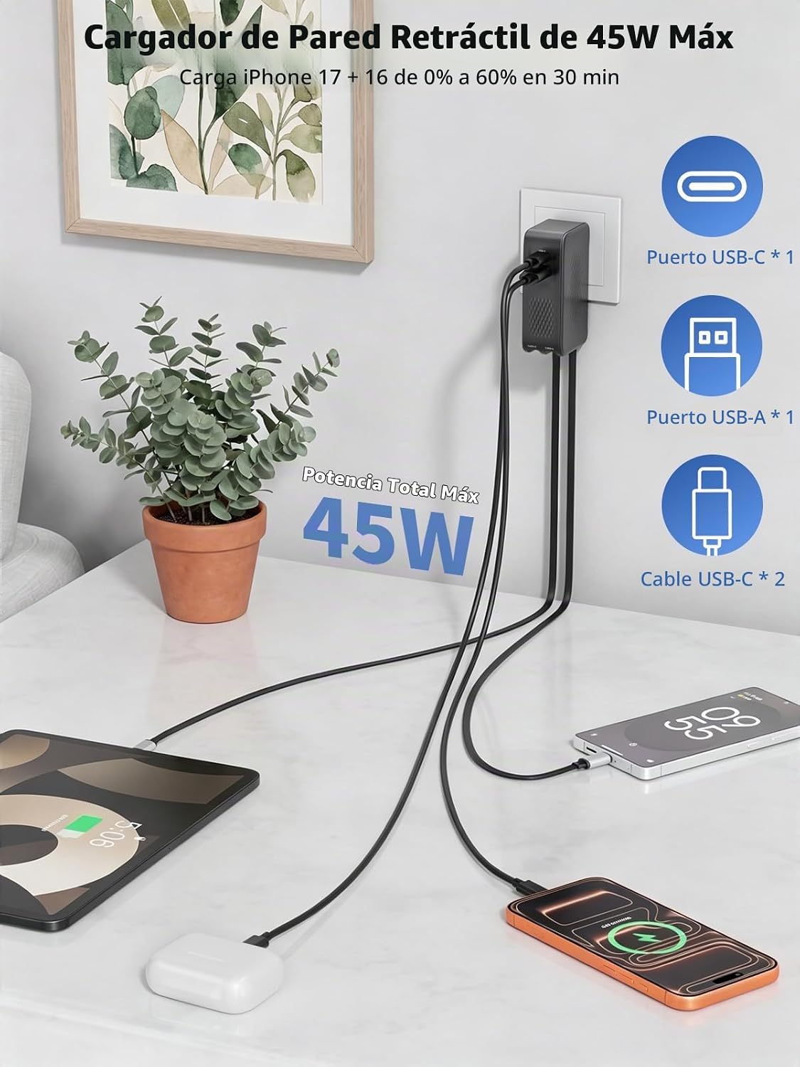 Cargador USB C retráctil, cargador de iPhone de 45 W, carga rápida,...