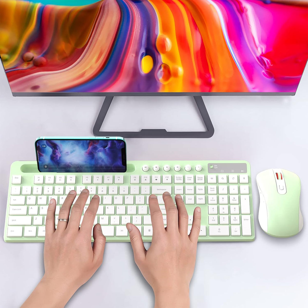 MARVO Wirelss - Combo de teclado y mouse con soporte para teléfono,...
