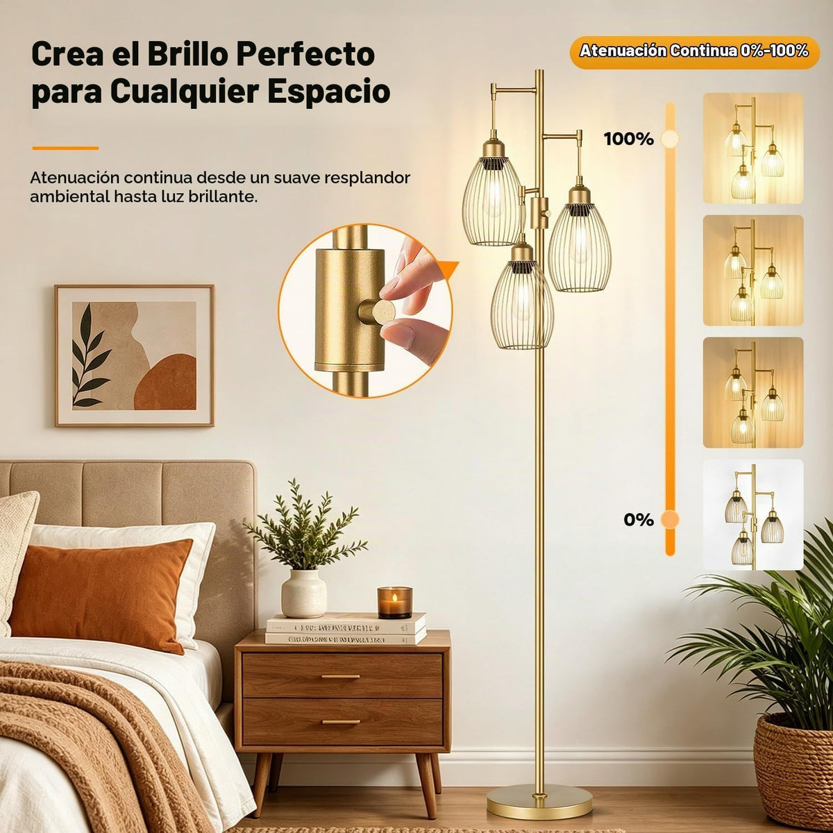 Lámpara de pie regulable, 3 bombillas LED Edison de 800LM incluidas...