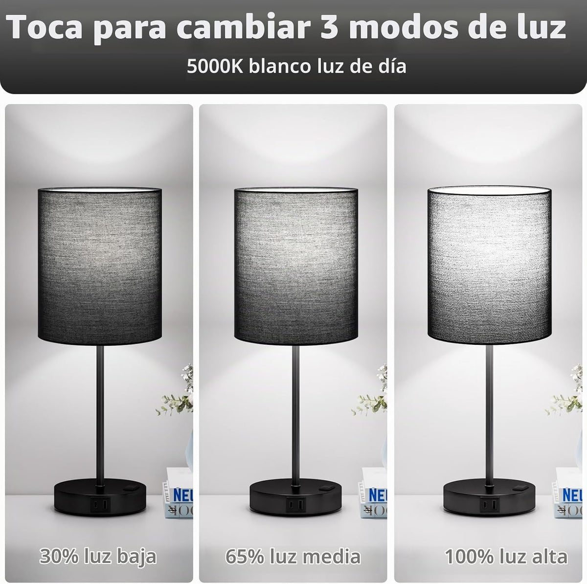 Juego de 2 lámparas táctiles negras de 17.6 pulgadas para dormitori...