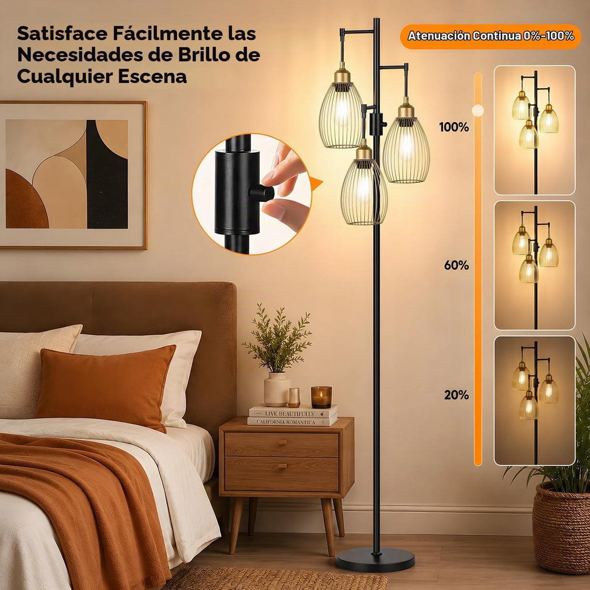 Lámpara de pie regulable, 3 bombillas LED de 800 lm incluidas, lámp...