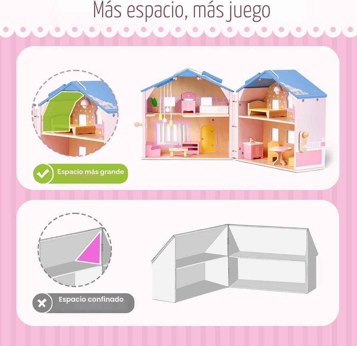 Exquisita casa de muñecas de madera rosa para niñas con muñecas y m...