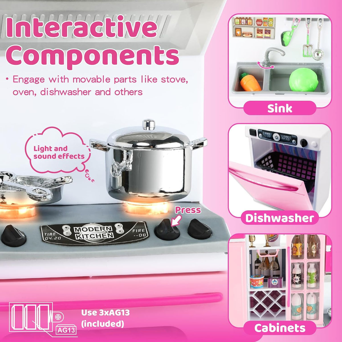 SOCBTNSO 64 piezas de juguete de cocina rosa con luces y sonidos pa...