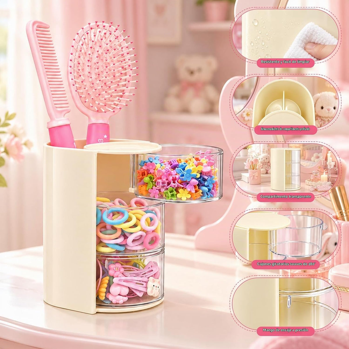 Organizador de accesorios para el cabello con soporte para cepillo...