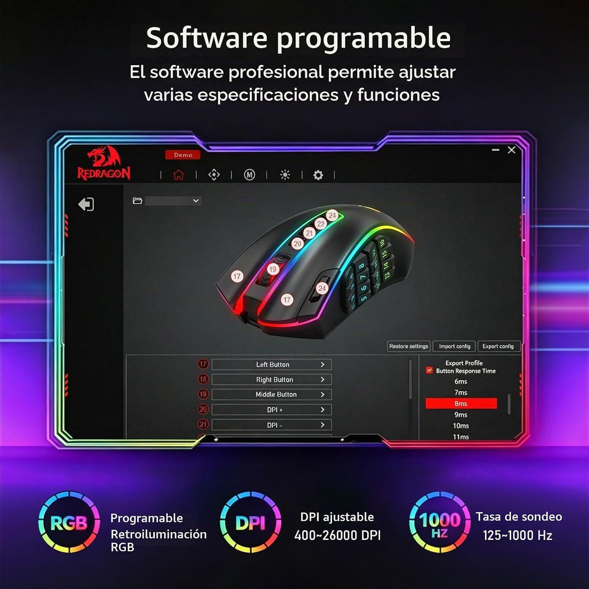 Redragon M990 PRO Wireless MMO RGB Gaming Mouse 26000 DPI Teclas de...