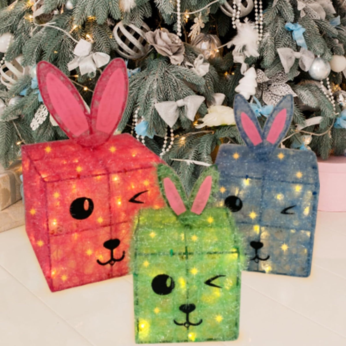 Juego de 3 cajas de regalo iluminadas de Navidad, diseño de conejo,...