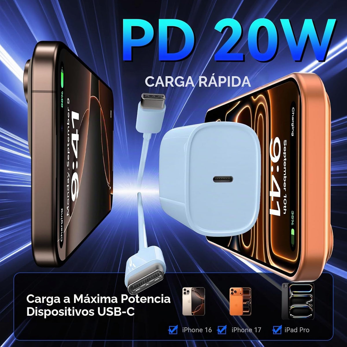 Teléfono 18 17 16 Pro Max Cargador Carga Rápida, 20W Teléfono Duo U...