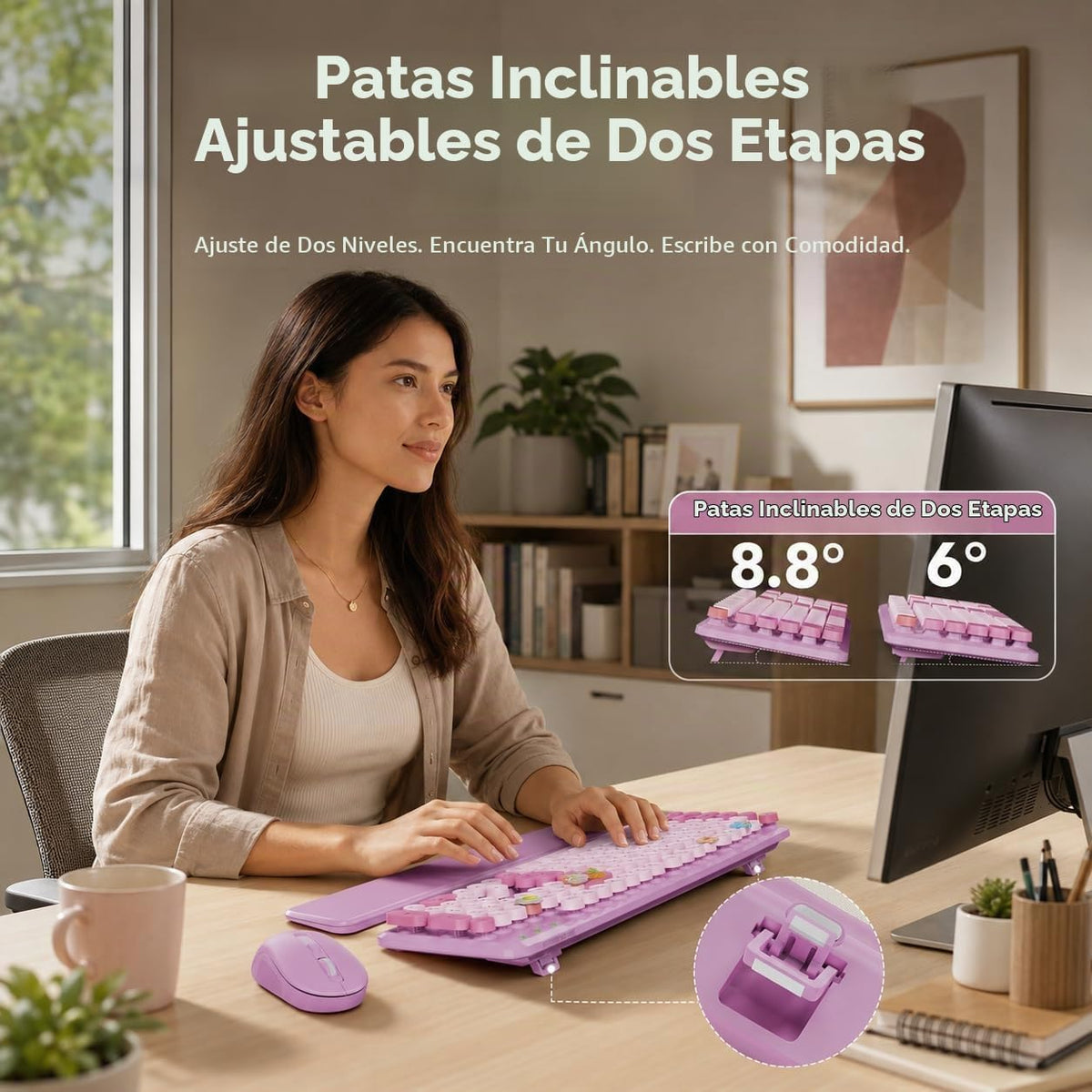 Teclado y mouse inalámbricos, teclas redondas, reposamuñecas magnét...
