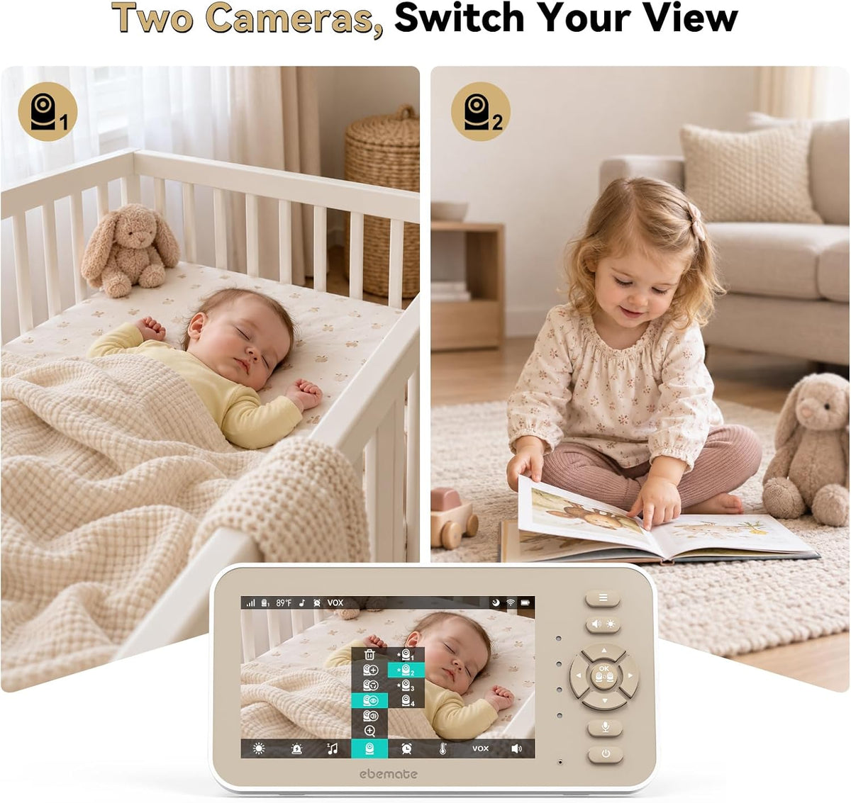 ebemate Monitor de video para bebés con 2 cámaras y audio, pantalla...