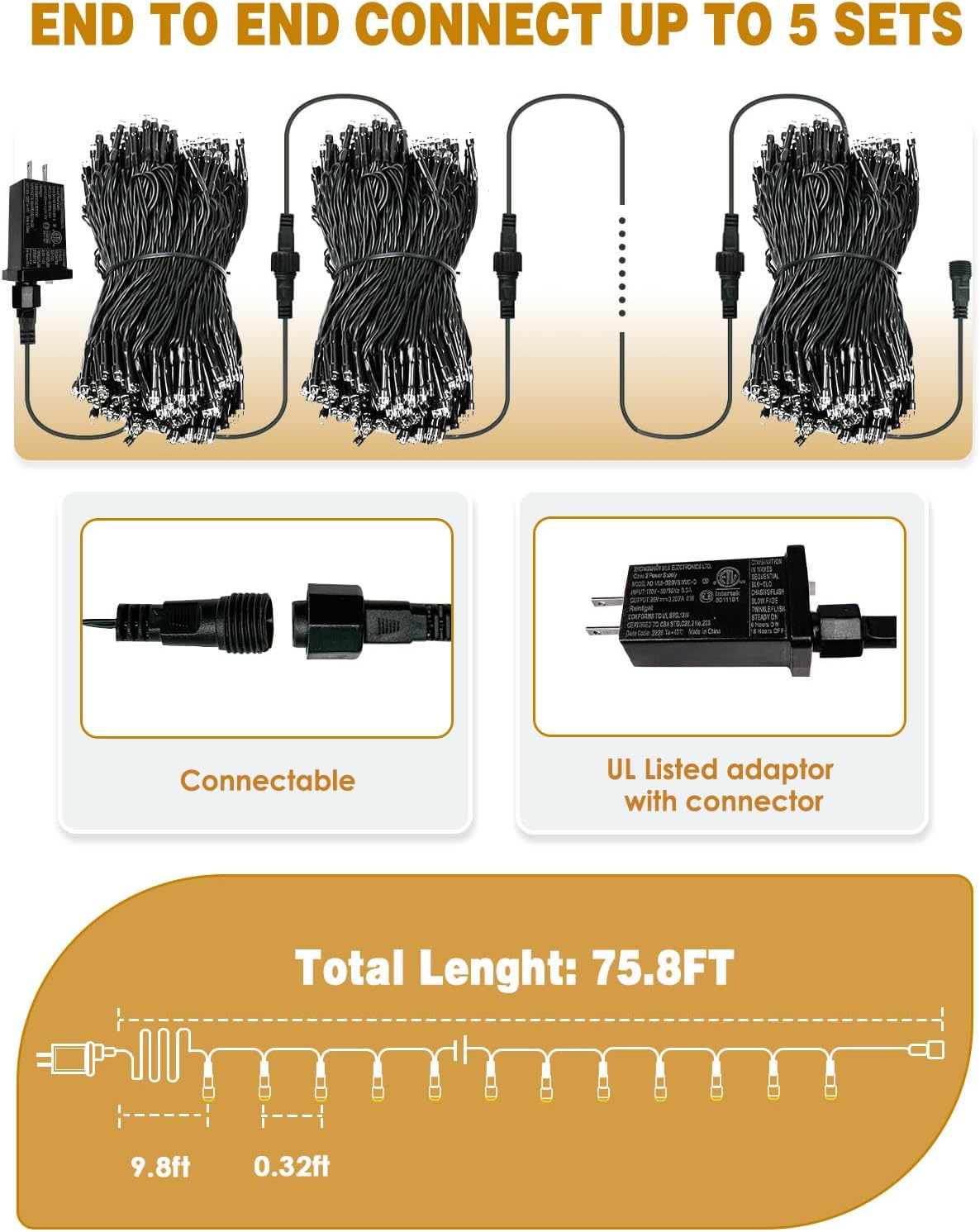 Tira de luces de Navidad extensibles de 75.8 pies con 200 luces LED...