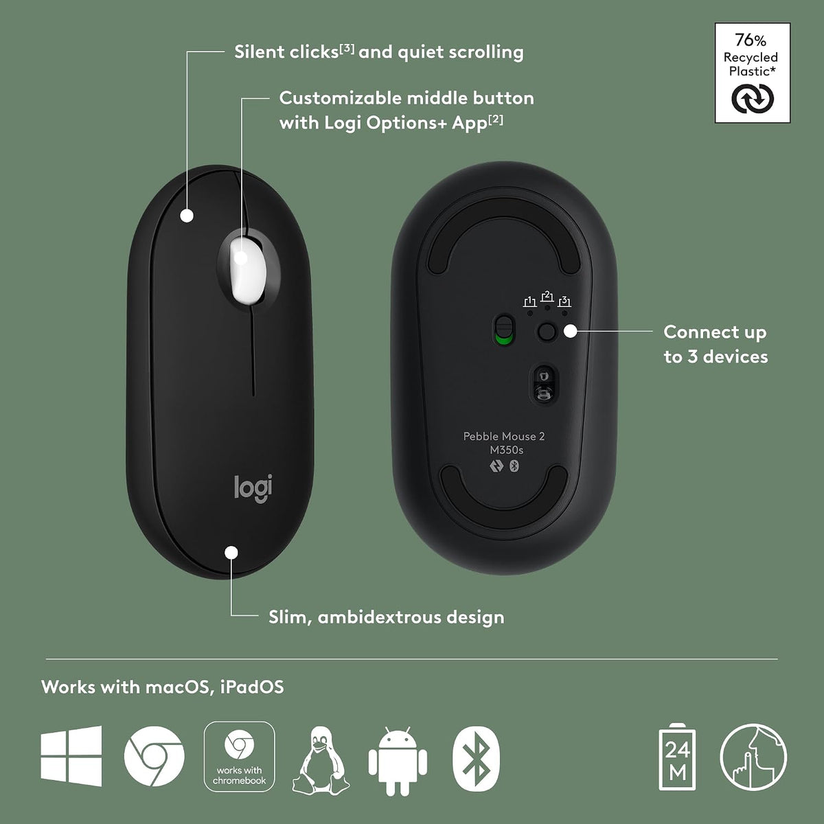 Ratón inalámbrico Bluetooth Logitech M350s Pebble 2 - Negro | Delga...