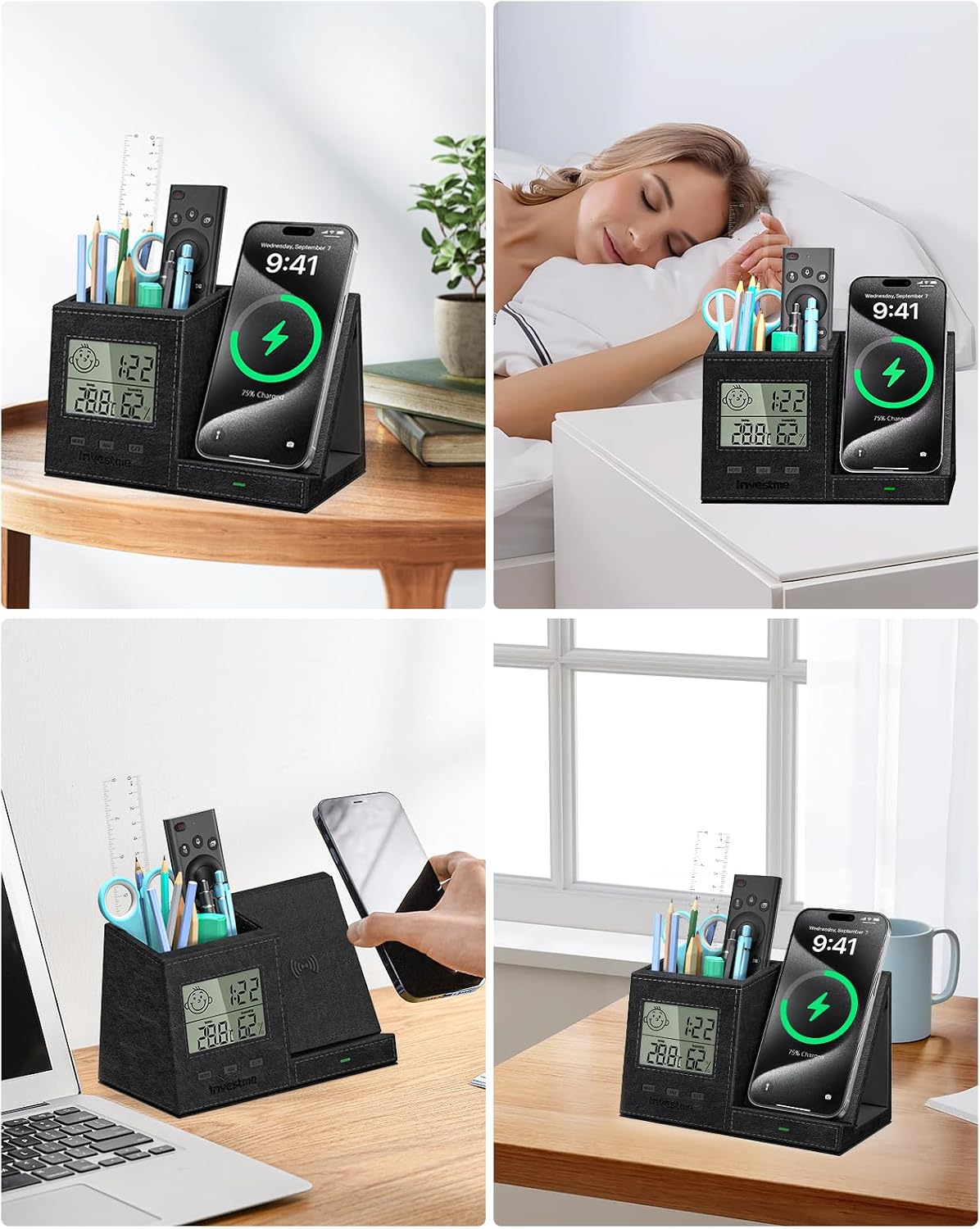 Investme Portalápices con cargador inalámbrico, soporte de cuero pa...