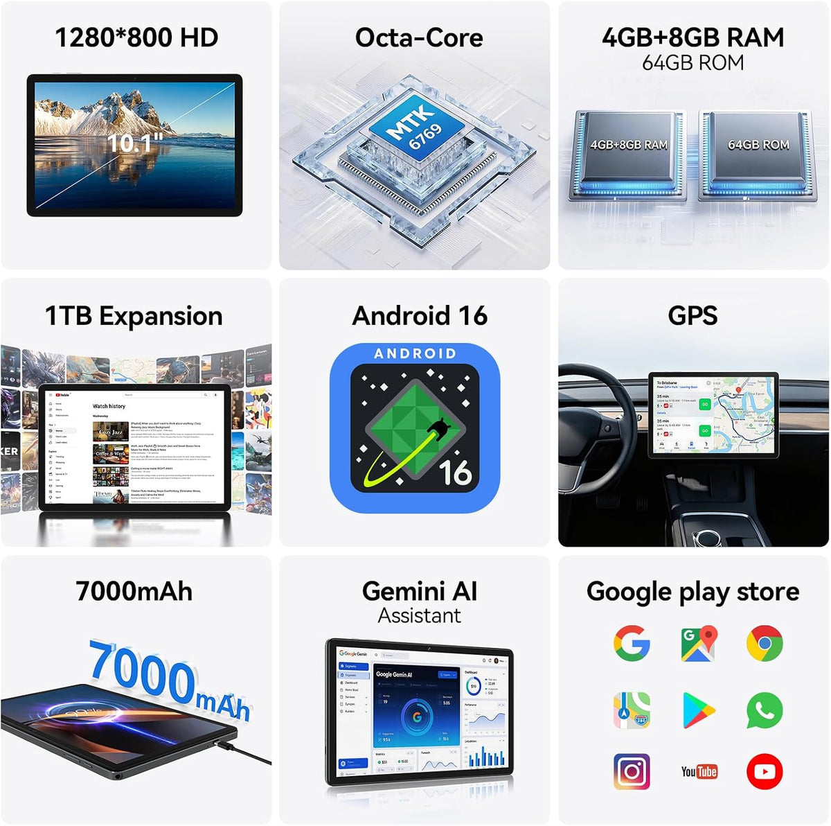Tableta Android 16 mejorada 2026 con Gemini AI, tabletas de 10.1 pu...