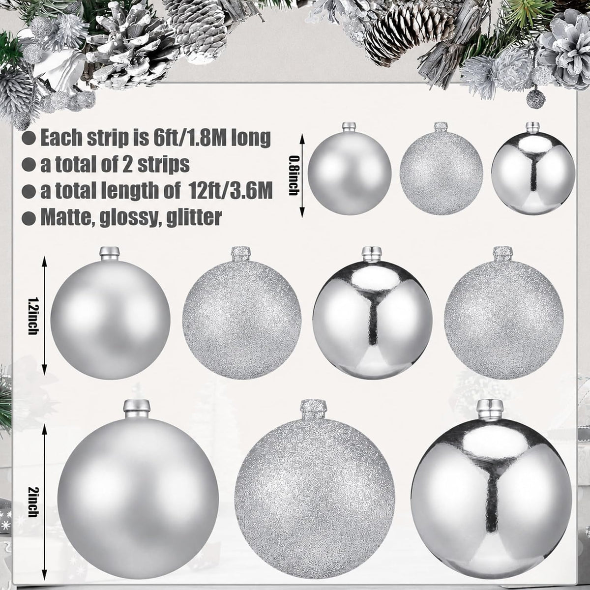 Yuxung 2 guirnaldas de adornos de bolas de Navidad de 6 pies, plata...