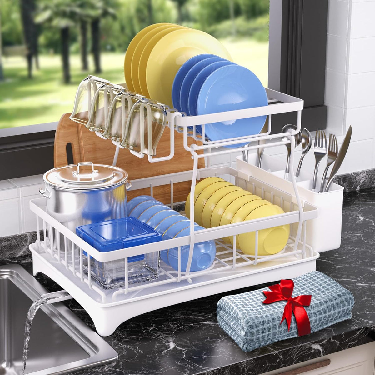 Godboat - Escurridor de platos de 2 niveles con drenaje automático...