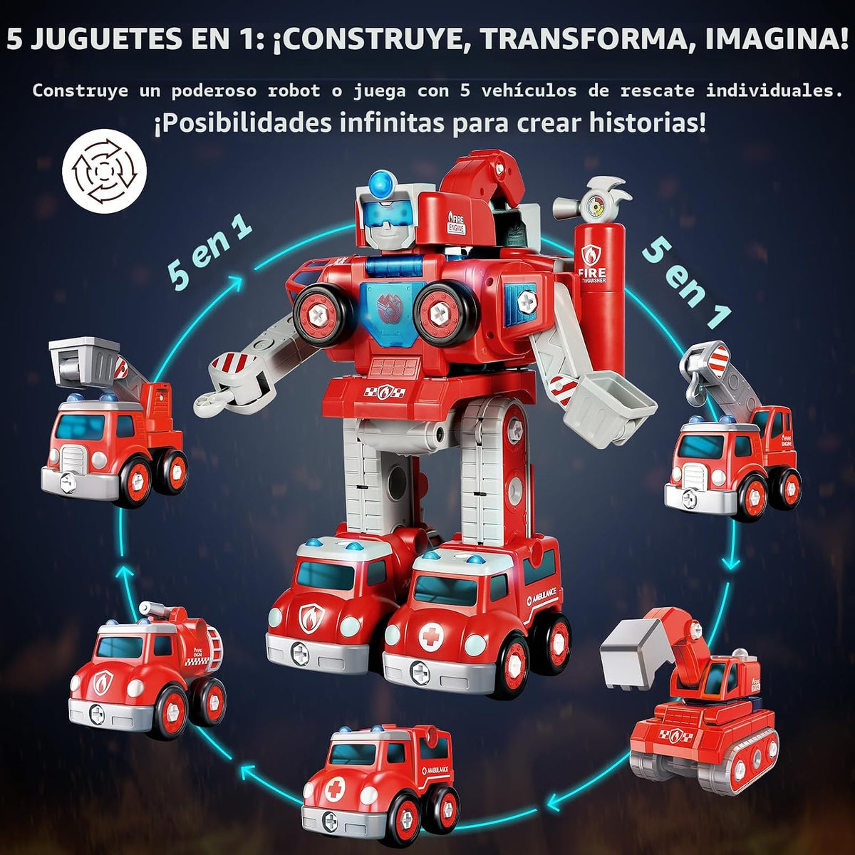 Rescue Hero - Robot transformador 5 en 1 y camión de bomberos de ju...