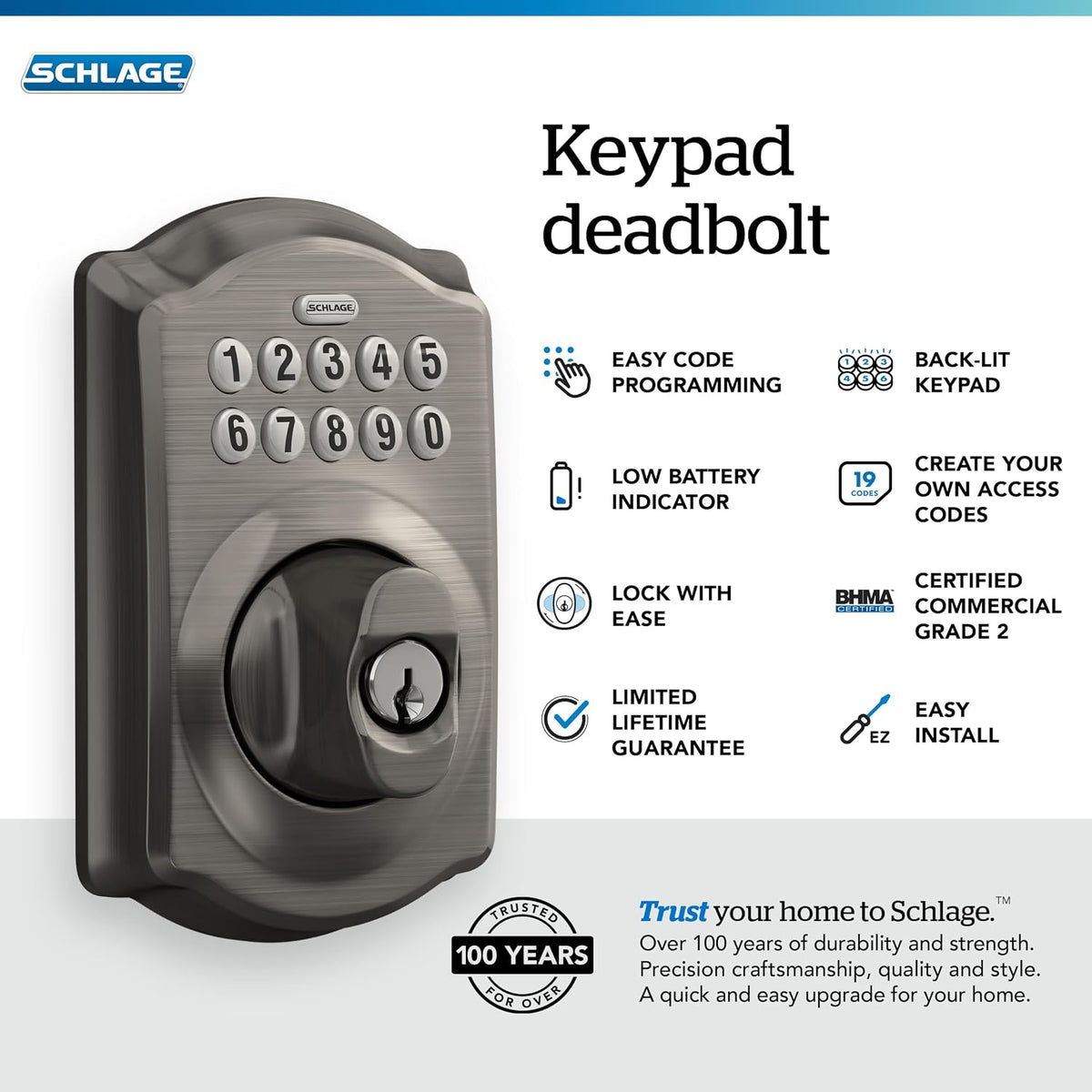 Schlage - Cerradura electrónica para teclado, borde Camelot, peltre...