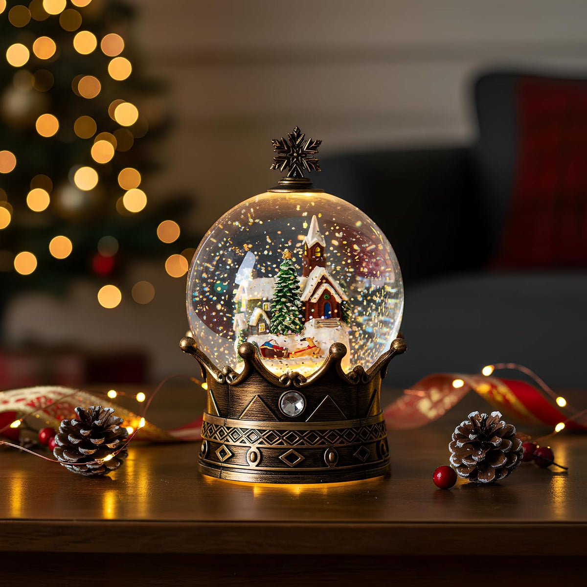 Globo de nieve de pueblo navideño, linterna musical iluminada para...