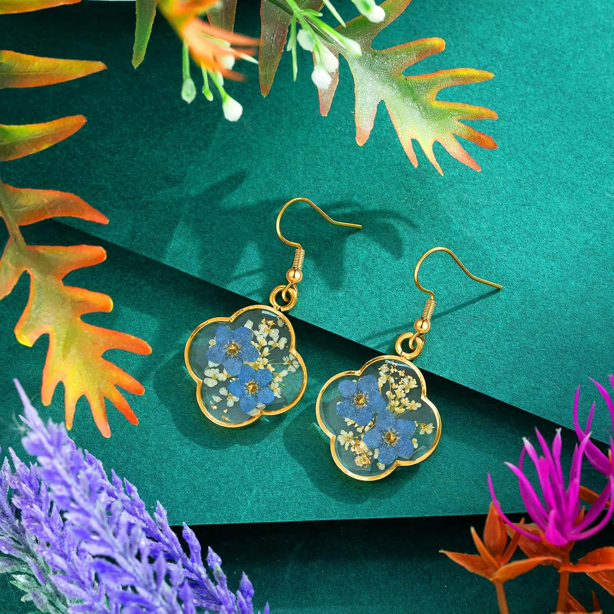 Hefestus Aretes de Flores Prensadas Reales para Mujeres, Diseño Col...