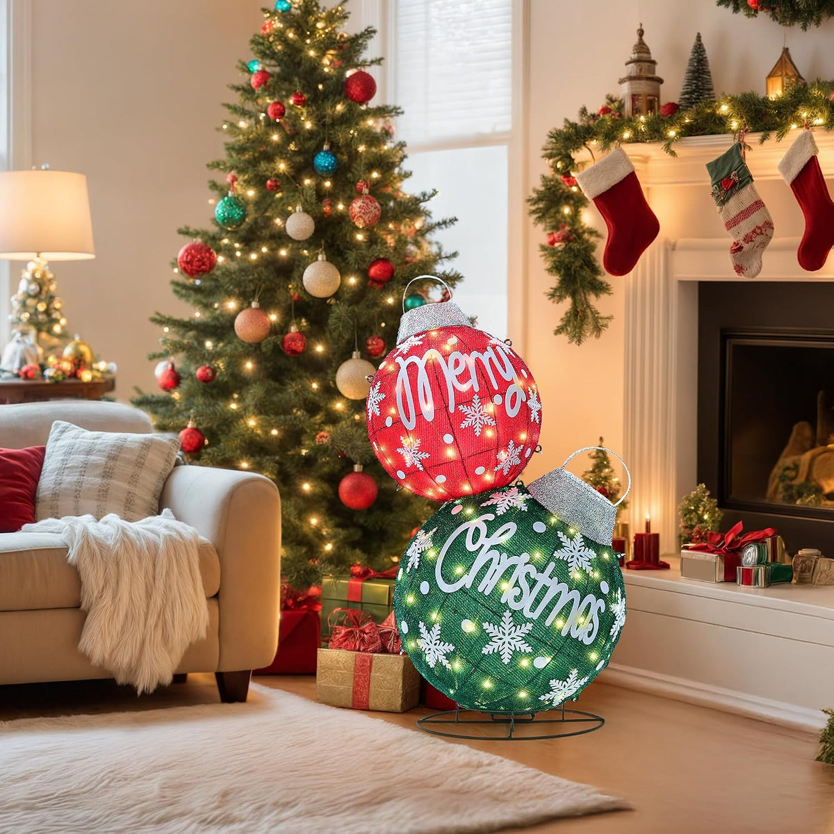 Adornos de bolas de Navidad grandes 3D iluminadas con temporizador...