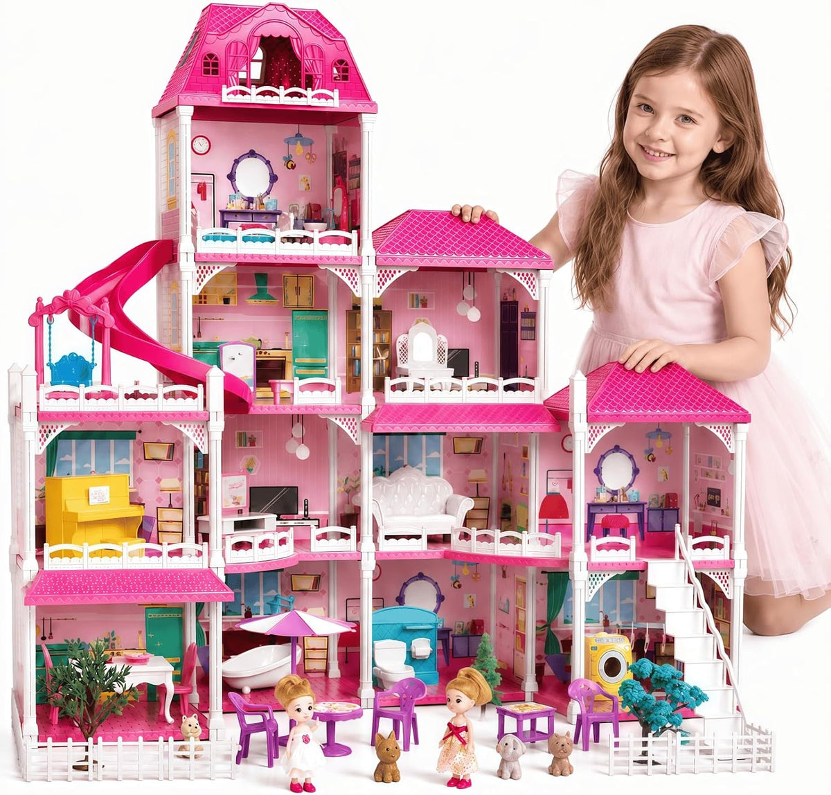 KIZONLY Casa rosa de 4 pisos para niñas de 3 años en adelante, casa...
